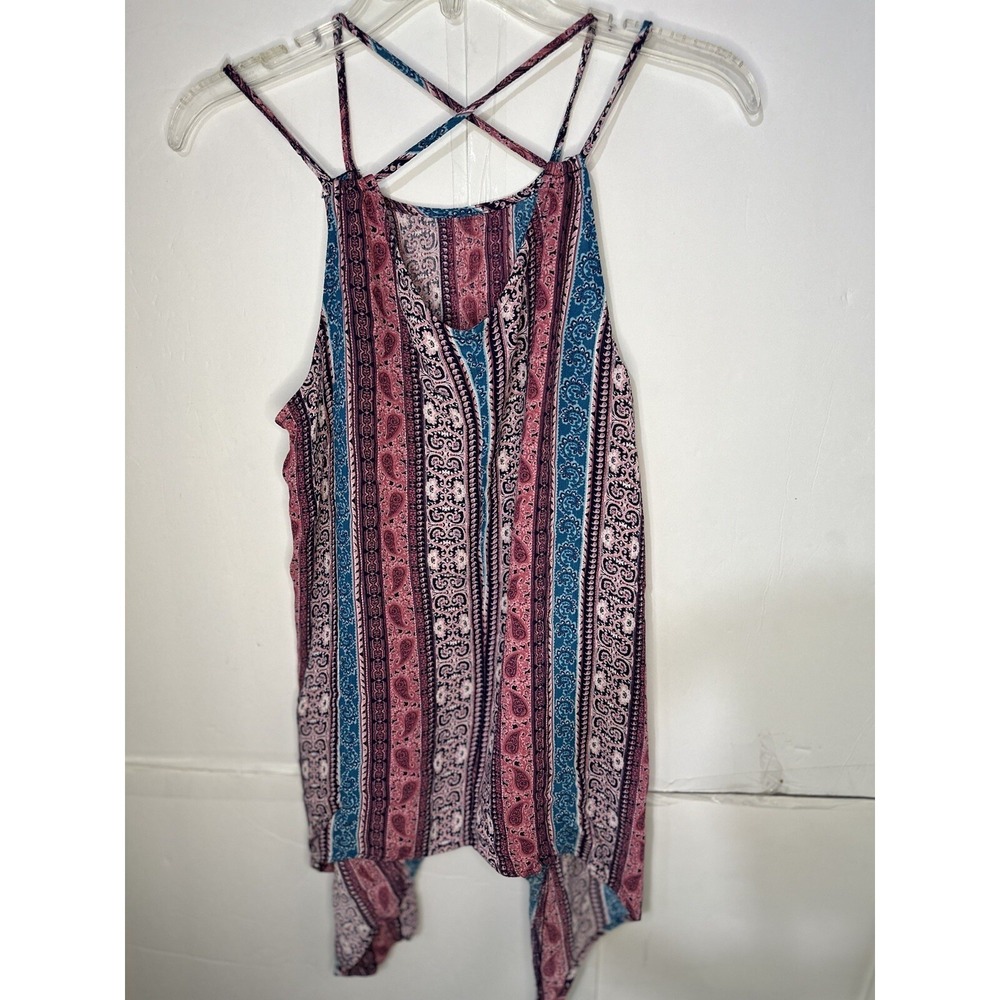 Pink Rose Women's Boho Paisley Stripe Handkerchief Hem Tank Top L coquette - Picture 6 of 8